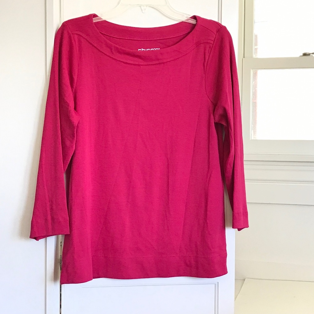 CHICO’S 100% Pima Cotton Pink Basic Knit Tee 3/4 Sleeve Size Medium NWT